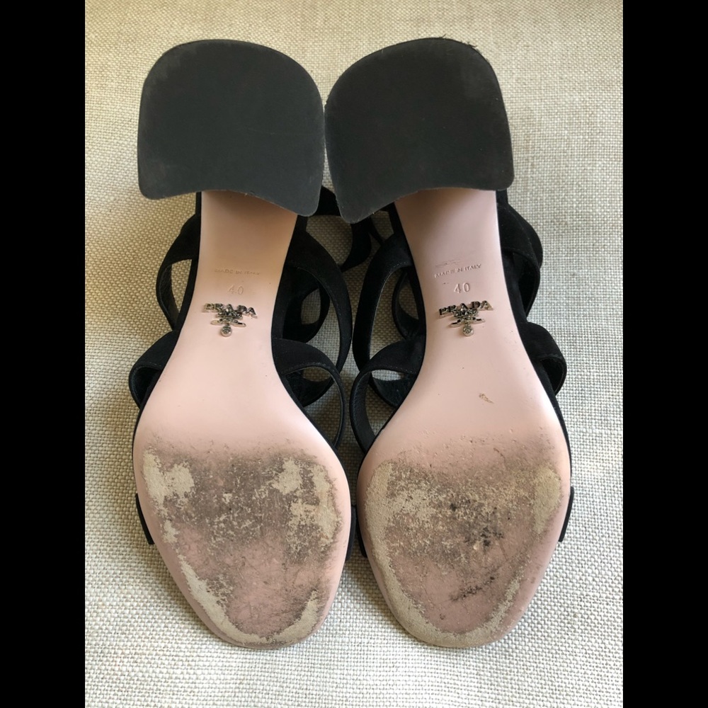 Prada Sandals Caged Block Heels Black Suede Zipper - Picture 7 of 7